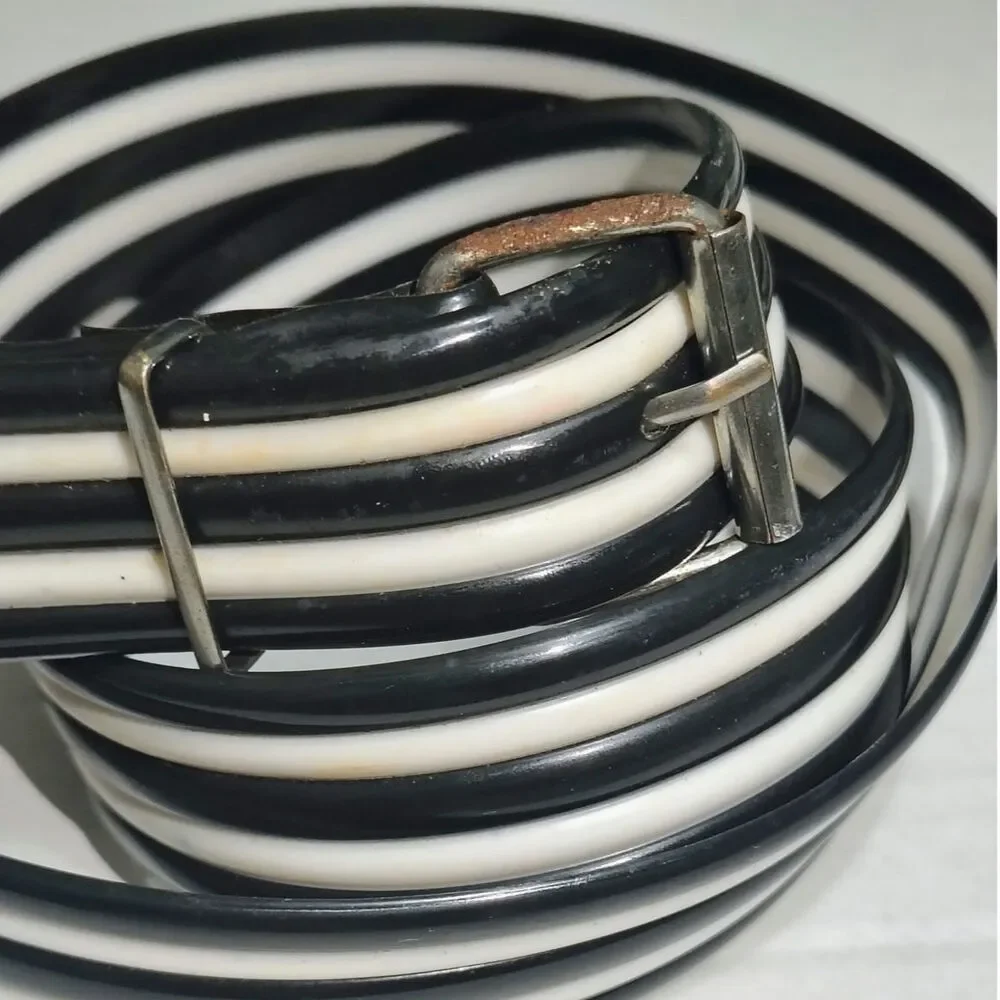80s Mod Molded PVC Belt Black White Stripes Pull Through Buckle 38 - 40 Inches